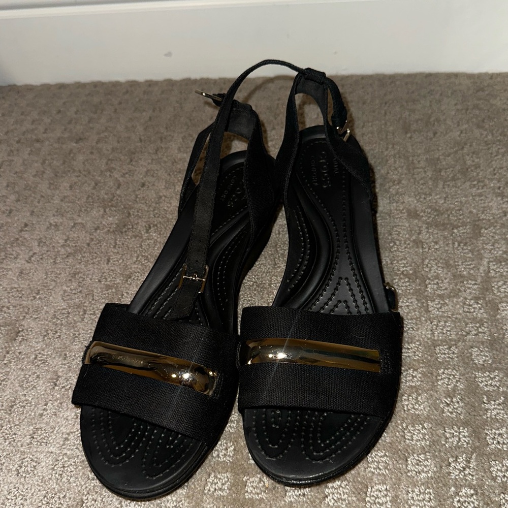Crocs Black Leigh Ann Metal Block Women Wedges Heels